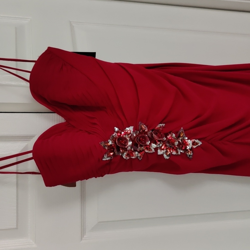 Faviana Couture strapless floor length gown with slit style 6714 pink cranberry